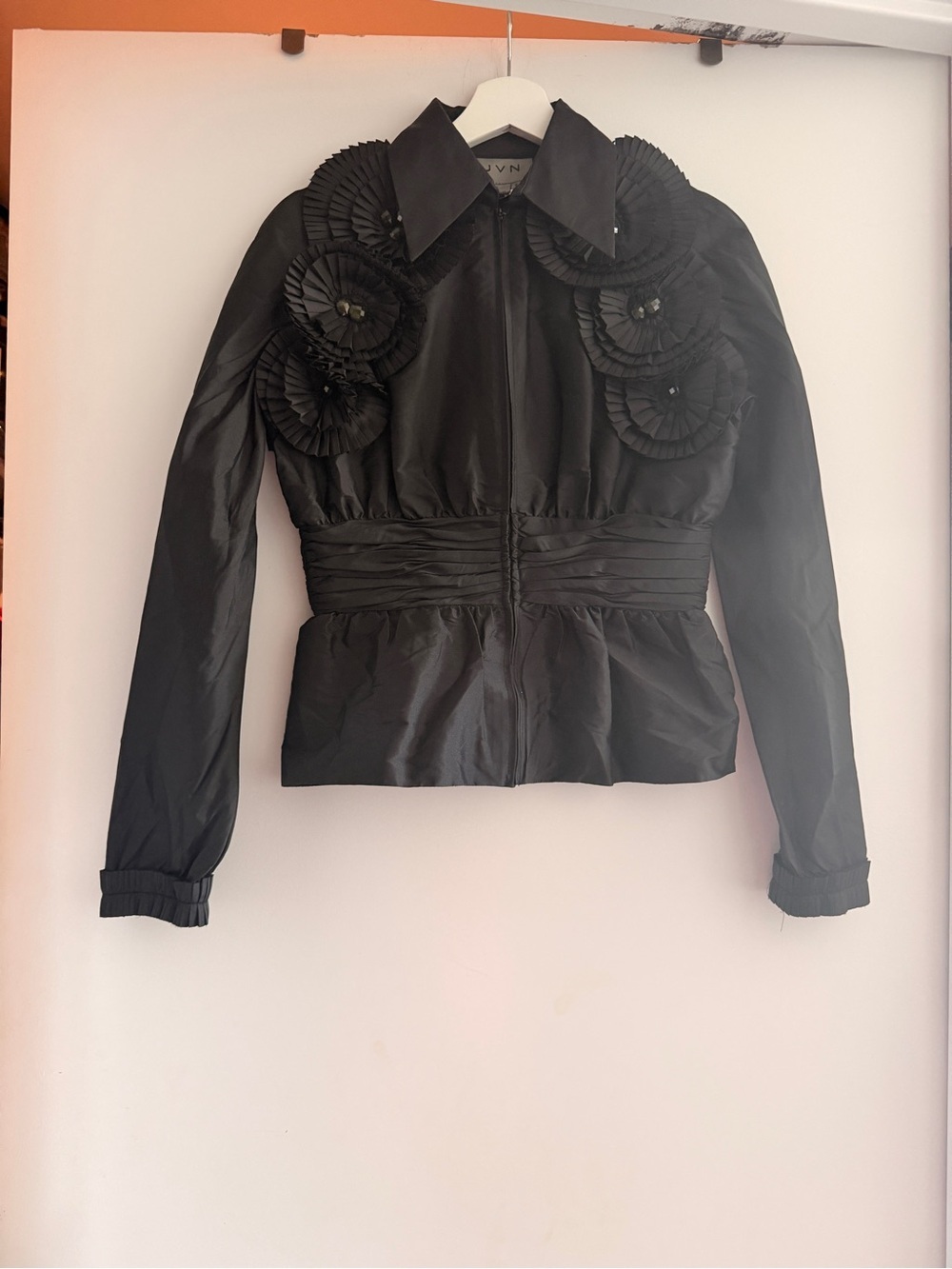 JVN by Jovani Black Floral-Rosette Pleated Waist Jacket